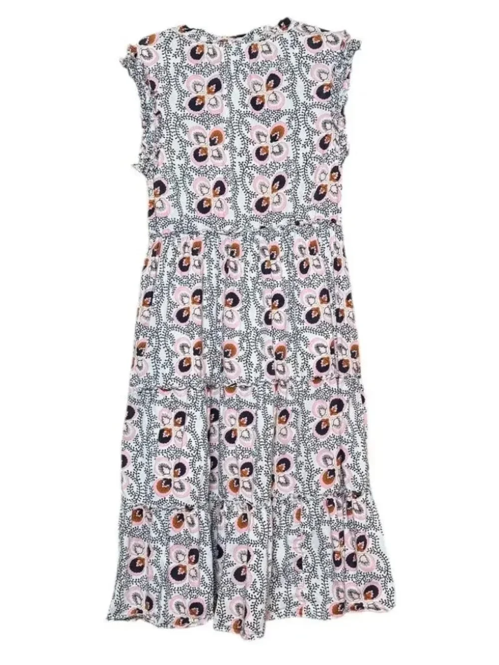 FIGUE Clara Tiered Midi Dress in Water Lily Brown Flowy Boho Sleeveless Shift LG